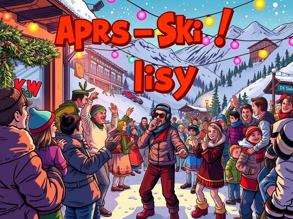 A lively image of an Apres-Ski party with DJ Eisy playing traditional German folk music and party hits, capturing the fun and festive spirit.