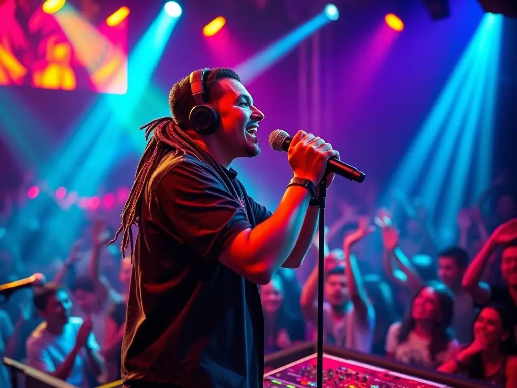 A dynamic image of DJ Eisy singing on stage at an event, with a microphone in hand and a lively crowd in the background. The lighting is energetic and colorful, enhancing the performance.