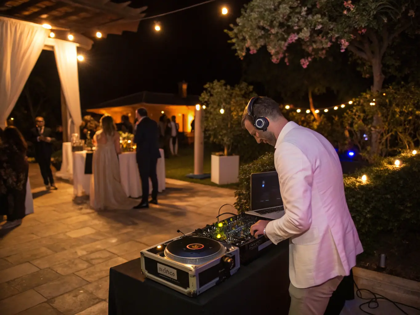 An image depicting a corporate event with DJ Eisy playing smooth jazz and lounge music, creating a sophisticated and relaxed ambiance.