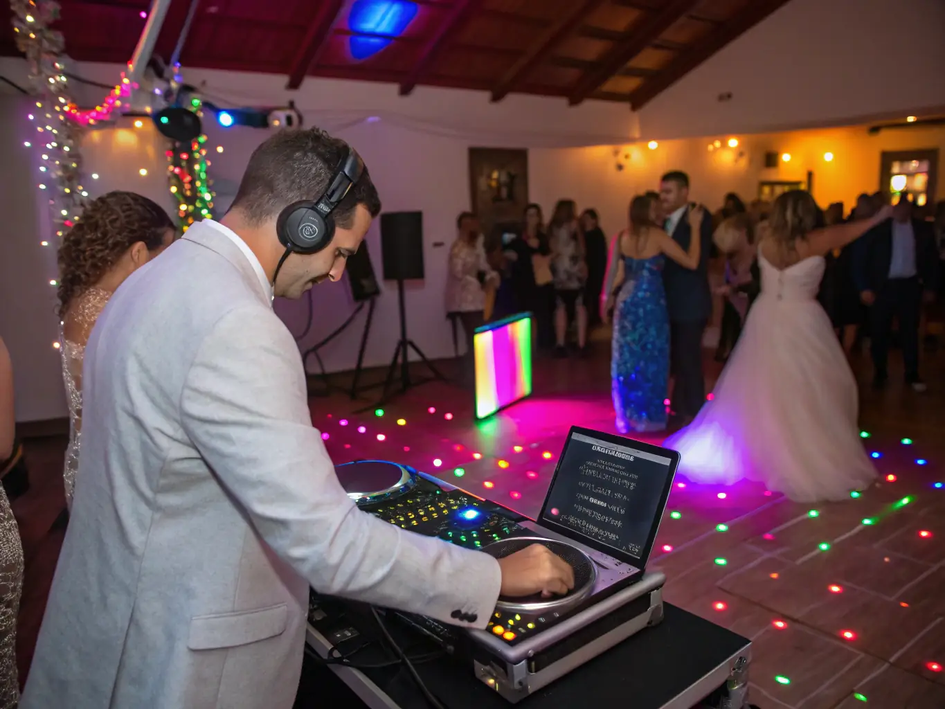 A vibrant image of a wedding reception with DJ Eisy playing a mix of pop and dance music, capturing the lively atmosphere and diverse musical tastes.