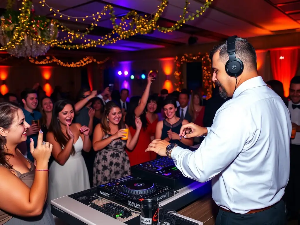 A vibrant image of DJ Eisy playing live keyboard at a wedding reception, with guests dancing and enjoying the music. The lighting is warm and inviting, creating a celebratory atmosphere.
