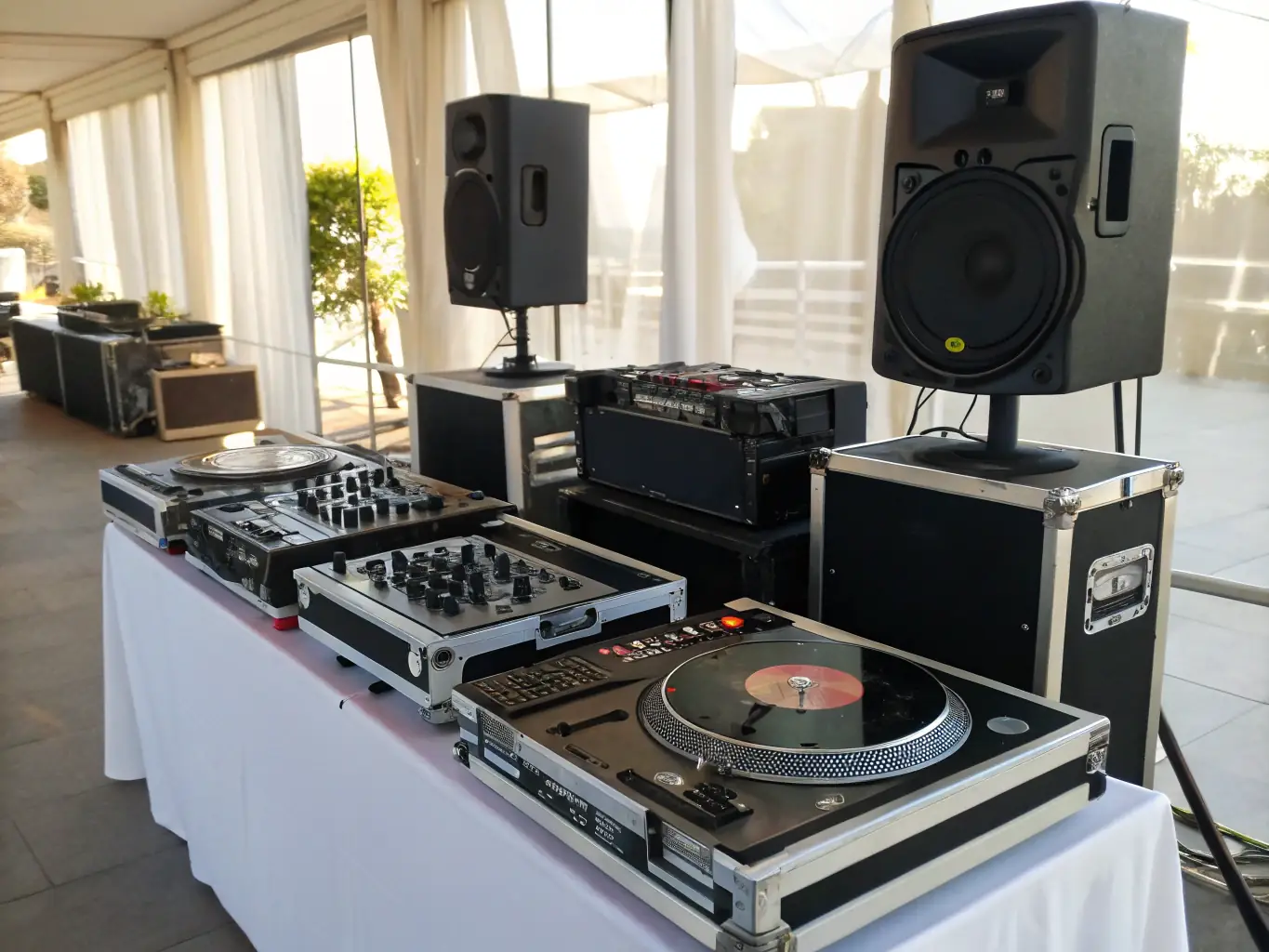 A professional setup of DJ Eisy's sound and lighting equipment at an event venue, showcasing the high-quality gear and meticulous attention to detail. The lighting is strategically placed to create the perfect ambiance.